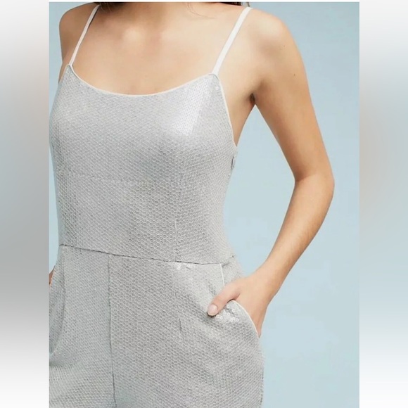 Anthropologie sequin Jumpsuit Women Silver Gray Stretch Coastal Disco Occasion - Picture 3 of 16